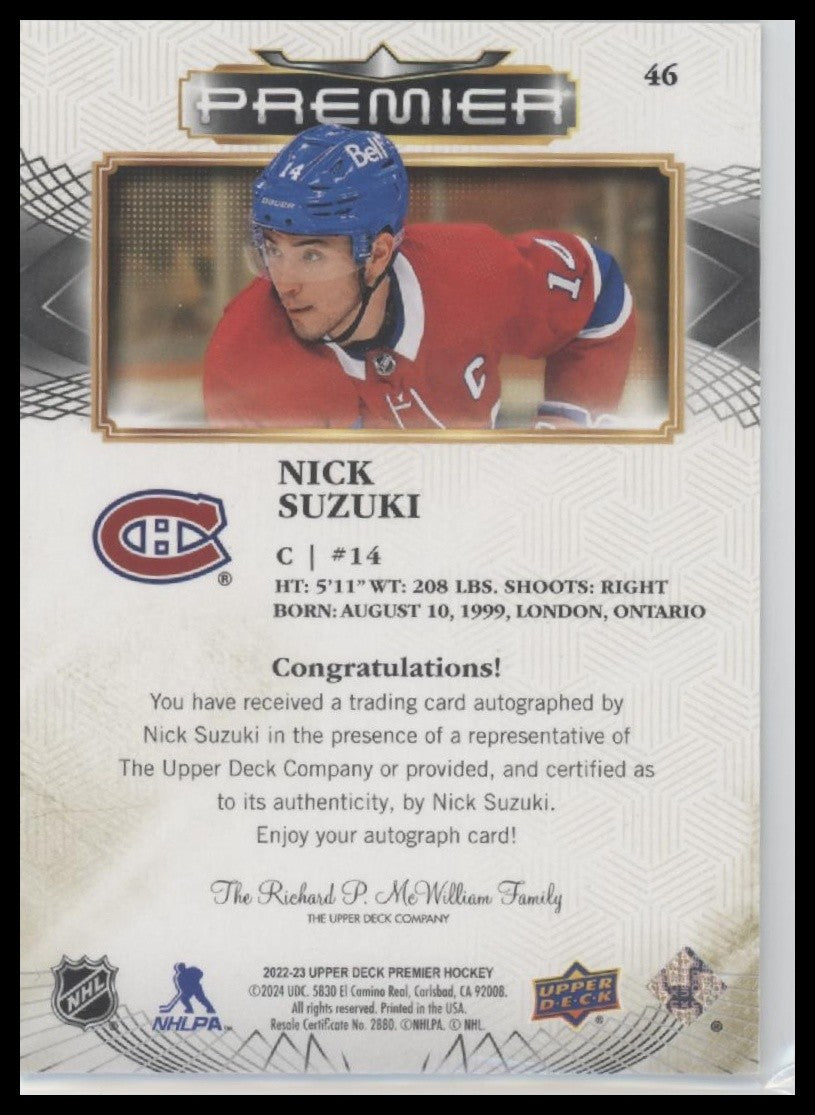Nick Suzuki 2022-23 Upper Deck Premier #46 Premium Memorabilia #/25