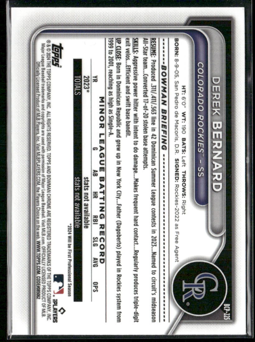 2024 Bowman Chrome #BCP-225 Derek Bernard Prospects Blue Refractor #/150