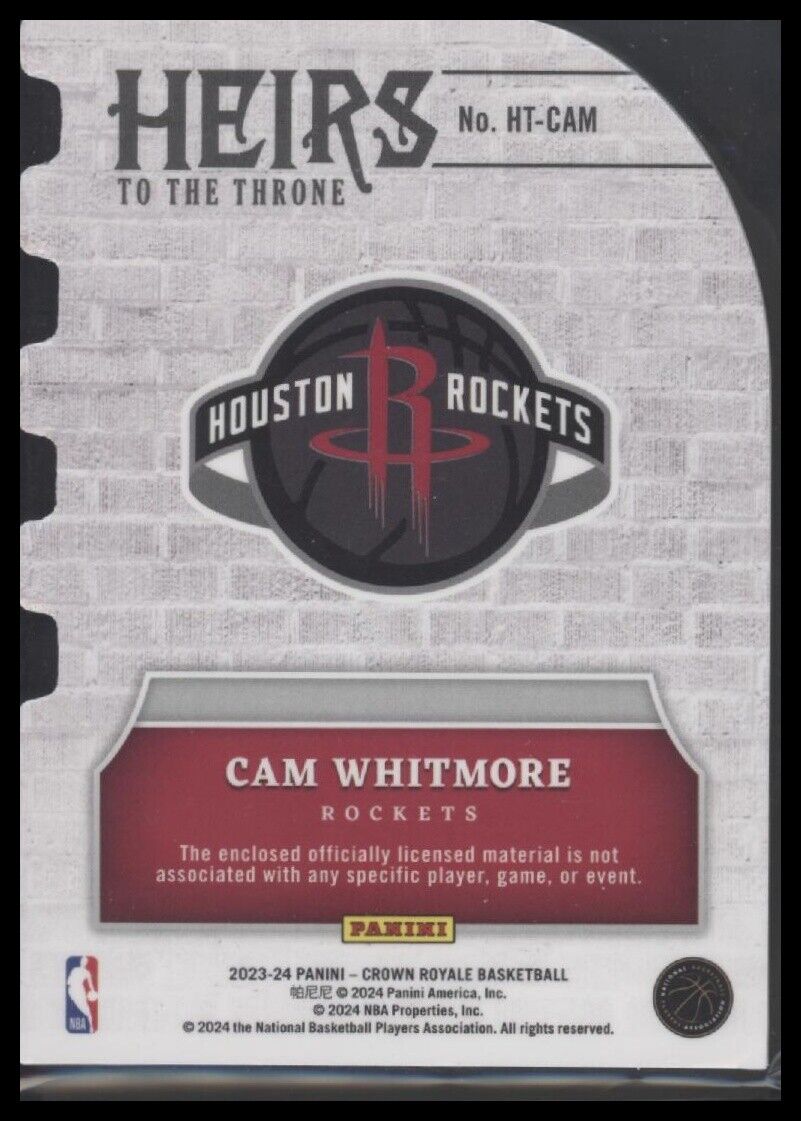 2023-24 Panini Crown Royale #HT-CAM Cam Whitmore Heirs to the Throne Prime #/25