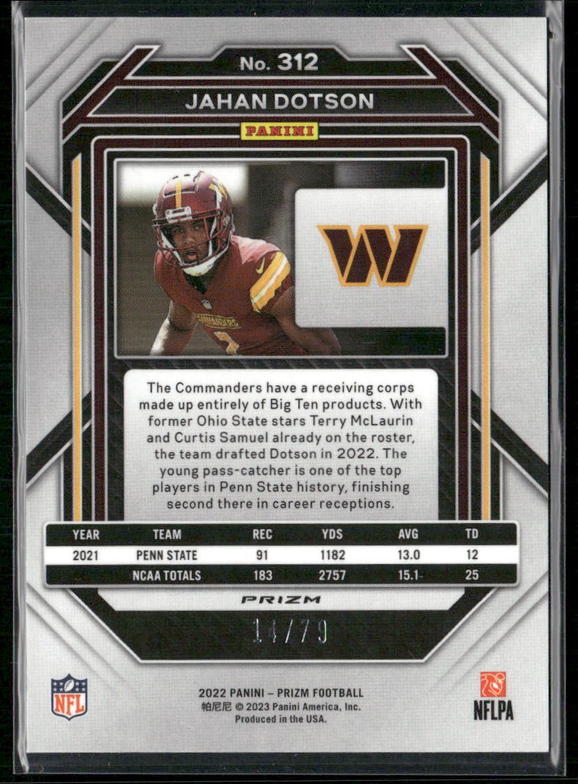 2022 Panini Prizm #312 Jahan Dotson No Huddle Blue #/79