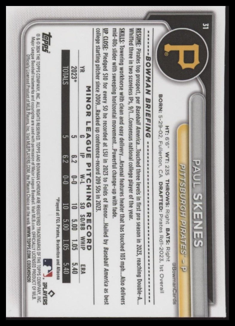 Paul Skenes 2024 Bowman Chrome #31 Mojo Refractors