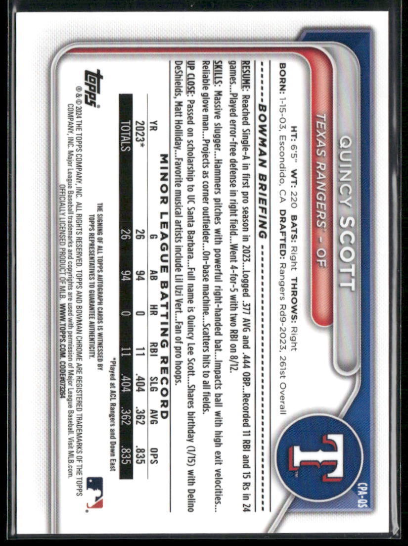 2024 Bowman Chrome #CPA-QS Quincy Scott Prospects Autographs