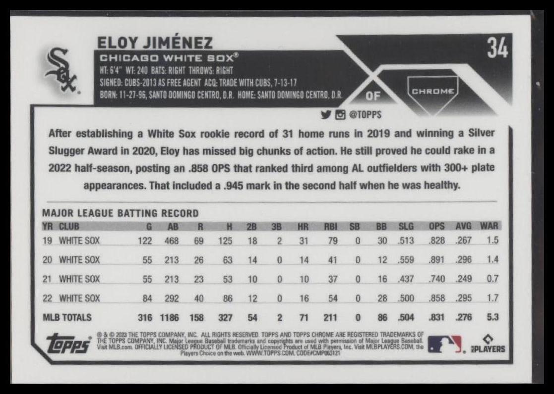 2023 Topps Chrome #34 Eloy Jiménez Blue Sonar Refractor #/125
