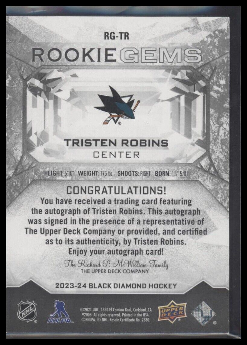 2023-24 Black Diamond #RG-TR Tristen Robins Rookie Gems Signatures #/199