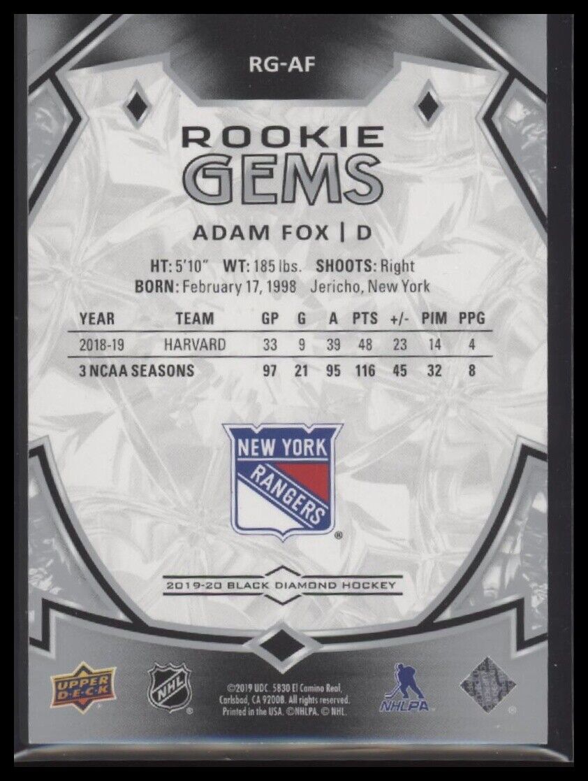 2019-20 Upper Deck Black Diamond #RG-AF Adam Fox Rookie Gems #/399