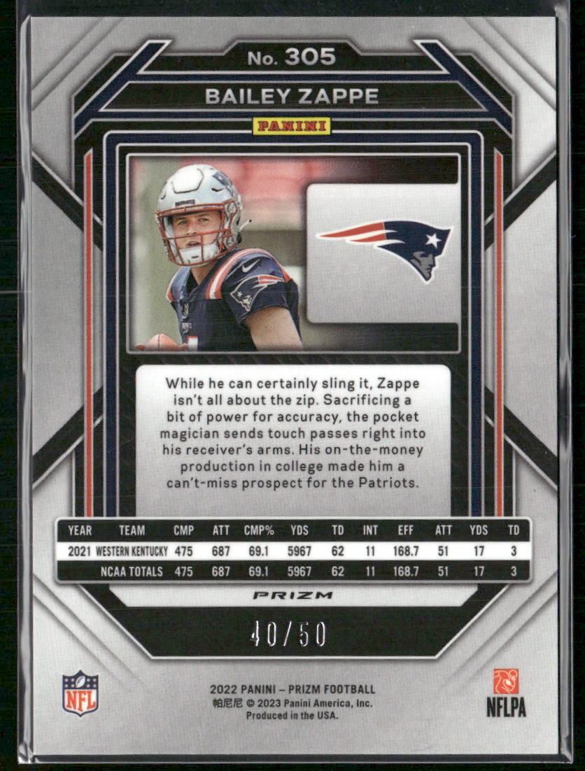 2022 Panini Prizm #305 Bailey Zappe No Huddle Red #/50