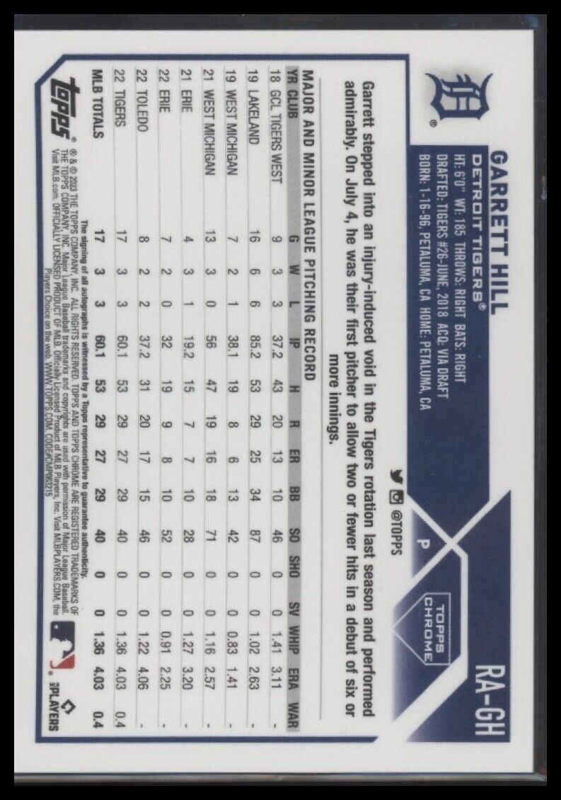 2023 Topps Chrome Update #RA-GH Garrett Hill Autographs