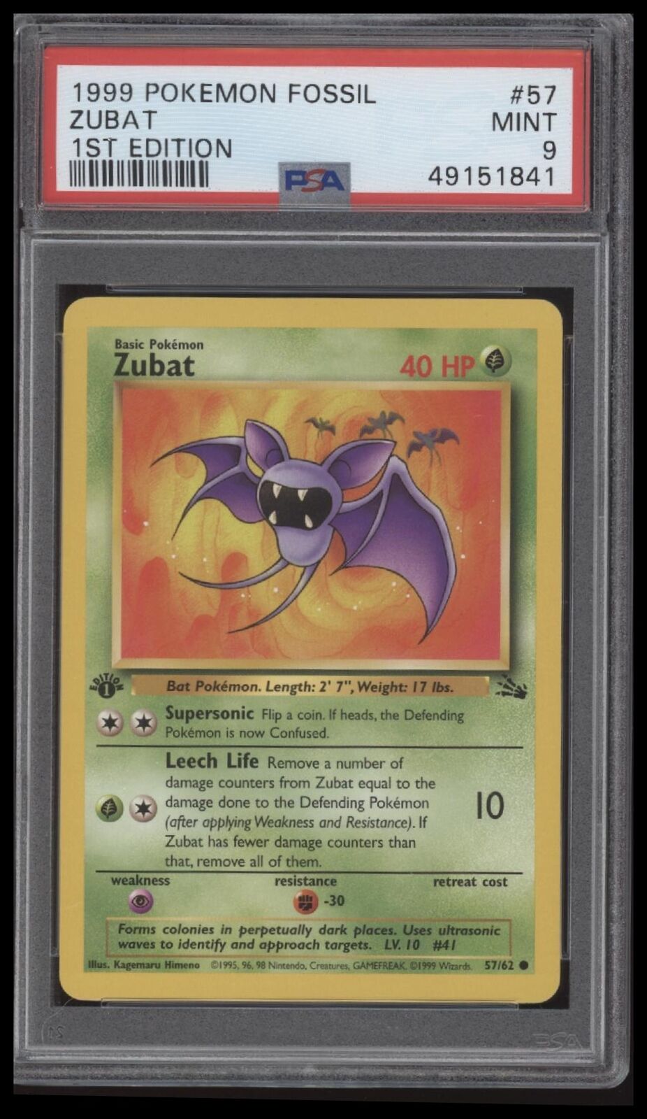 1999 Pokemon Fossil #57 Zubat 1st Edition PSA 9