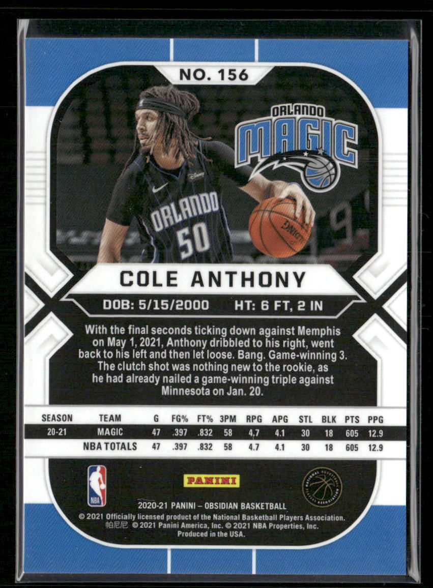 2020-21 Panini Obsidian #156 Cole Anthony Electric Etch
