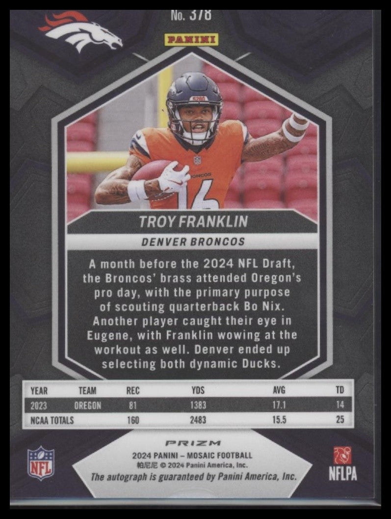Troy Franklin 2024 Panini Mosaic #378 White Sparkle