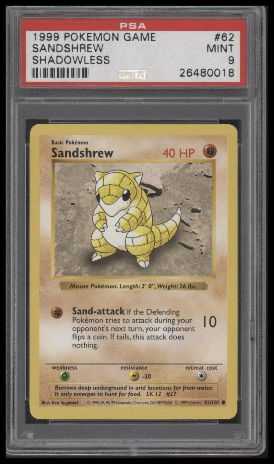 Sandshrew 1999 Pokemon Game #62 Shadowless PSA 9