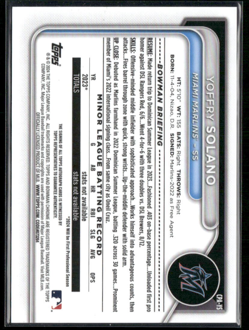 2024 Bowman Chrome #CPA-YS Yoffry Solano Prospects Autographs