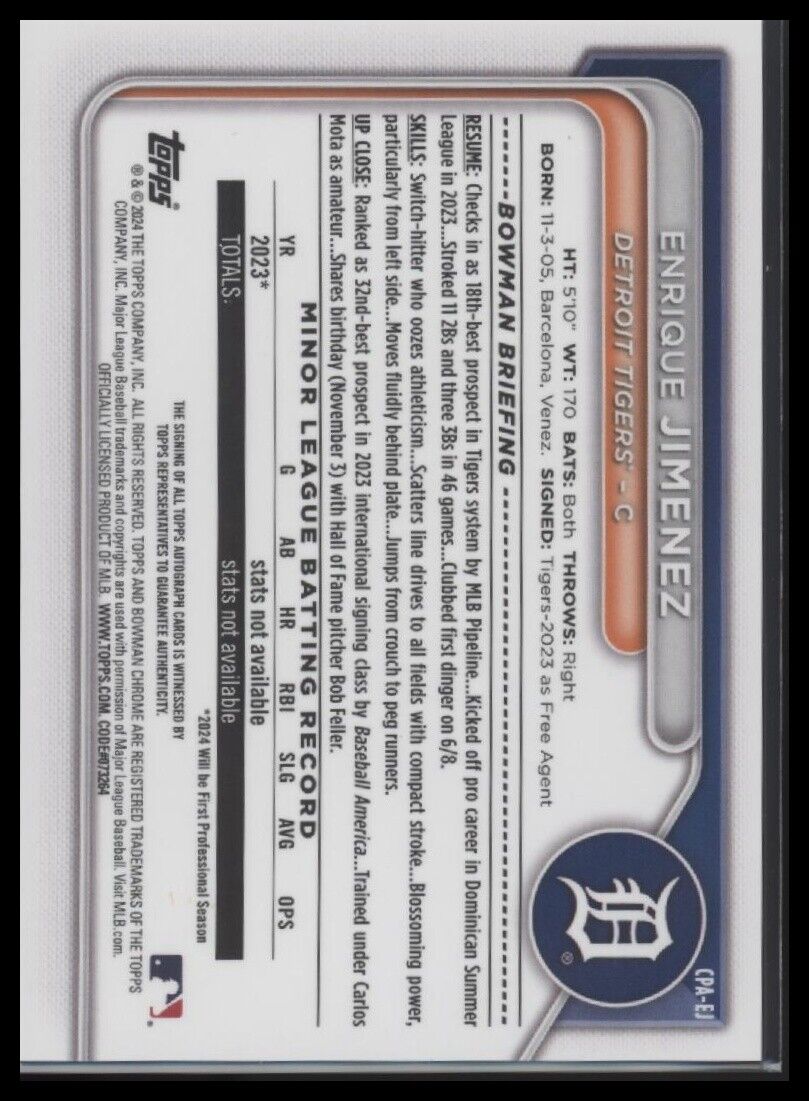 2024 Bowman Chrome Enrique Jimenez Prospects Autographs Green Refractors #/99