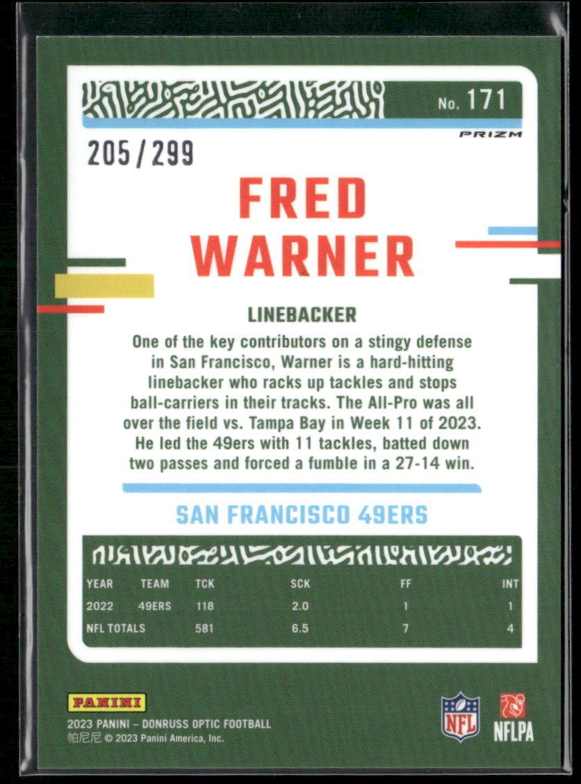 2022 Donruss Optic #171 Fred Warner Aqua #/299