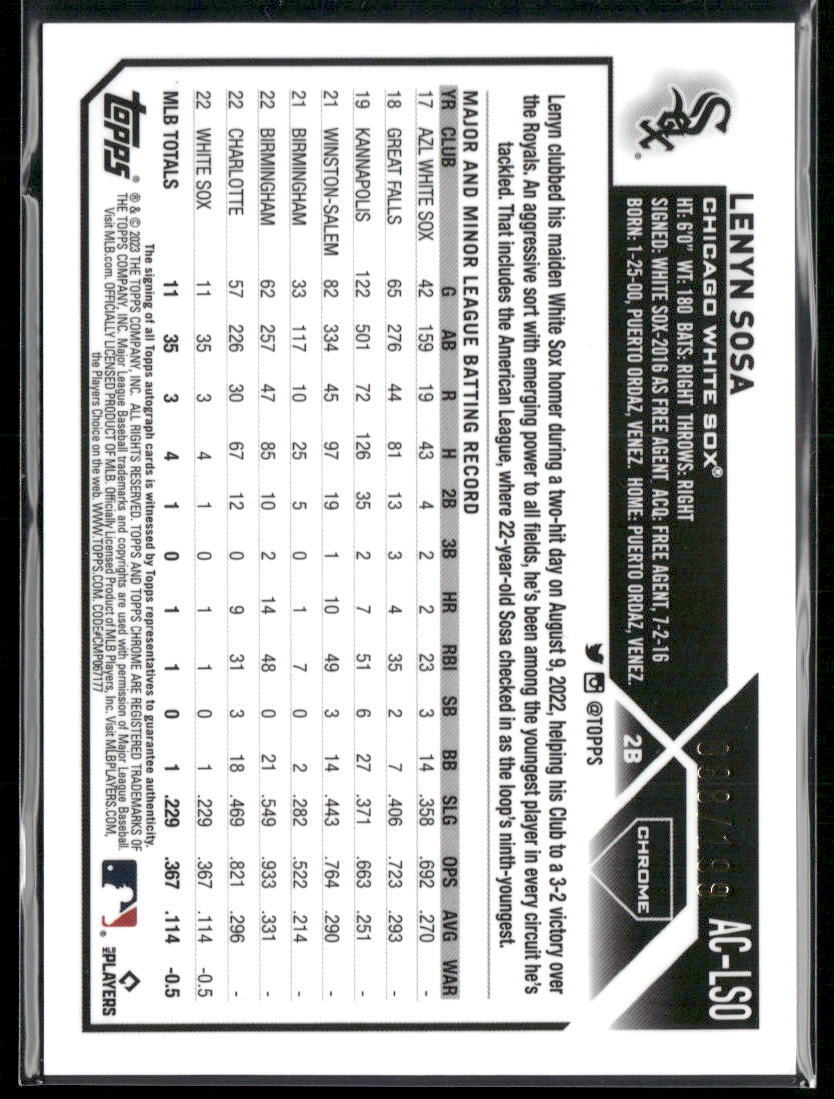 2023 Topps Chrome Update #AC-LSO Lenyn Sosa Autographs Aqua Wave #/199