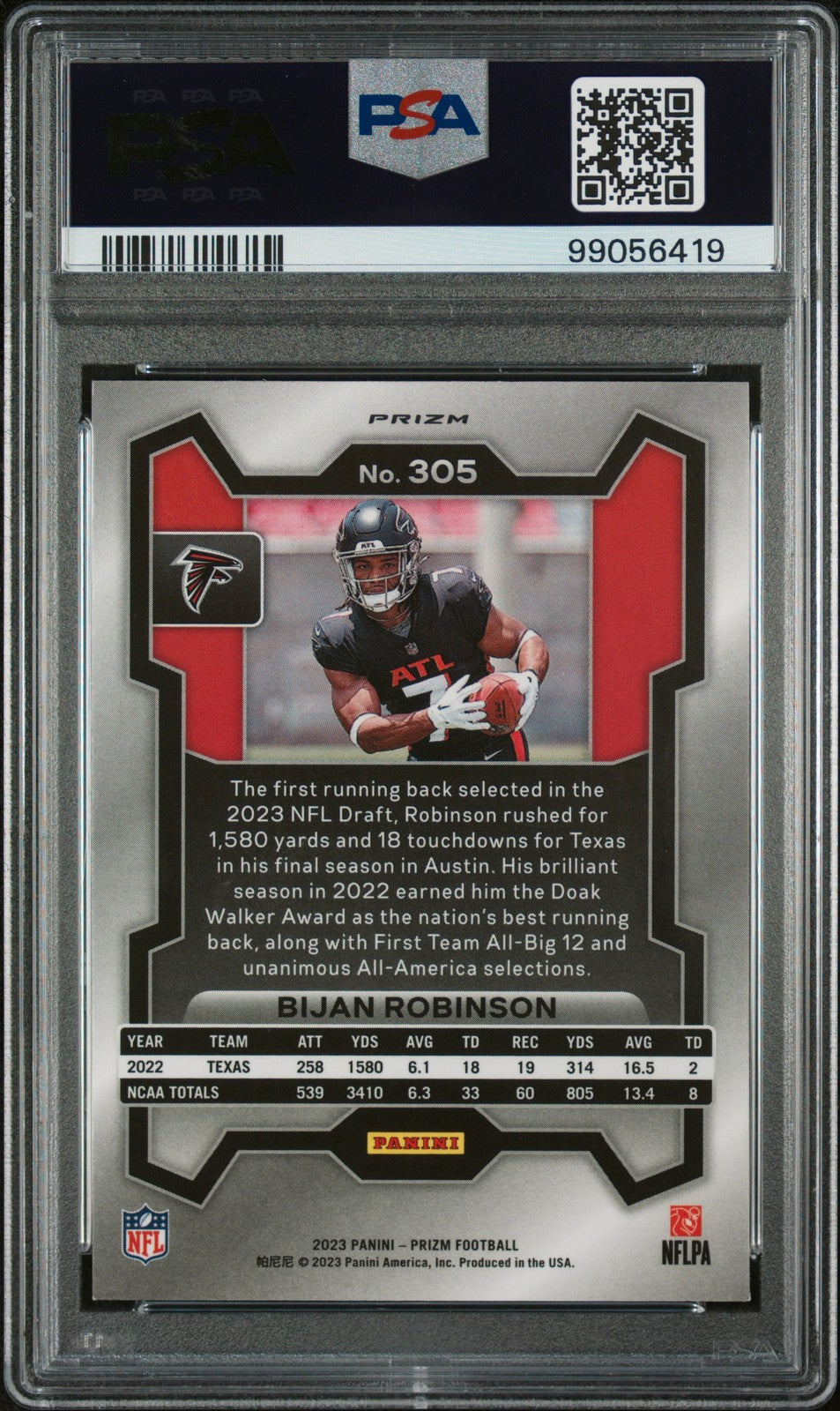 Bijan Robinson 2023 Panini Prizm #305 Silver Prizm PSA 9