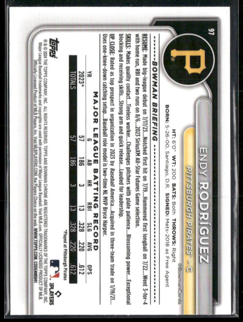 2024 Bowman Chrome #97 Endy Rodríguez Aqua Raywave Refractors #/199