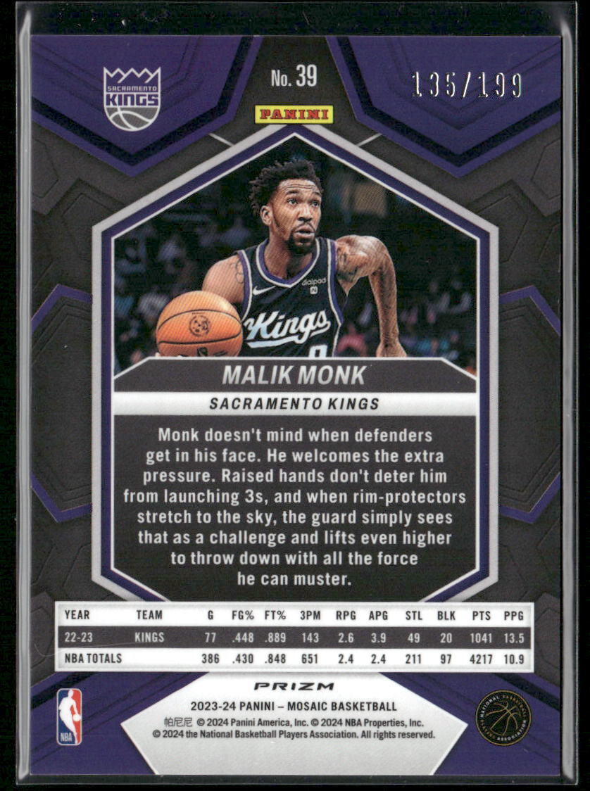 2023-24 Panini Mosaic #39 Malik Monk Blue #/199