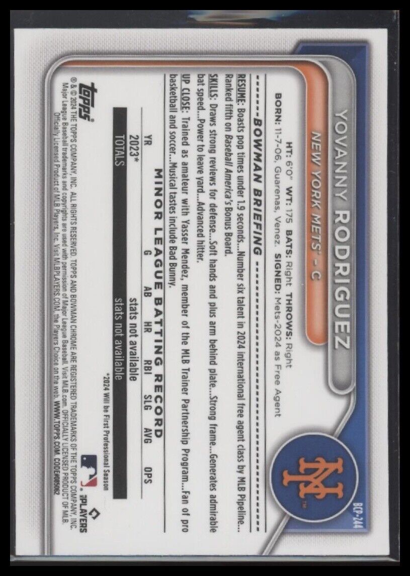 2024 Bowman Chrome Yovanny Rodriguez Chrome Prospects Gold Refractor #/50