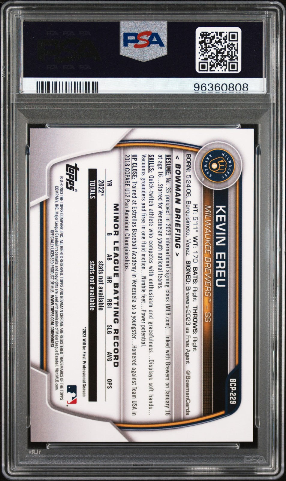 Kevin Ereu 2023 Bowman Chrome Prospects #229 Prospects-Orange PSA 10