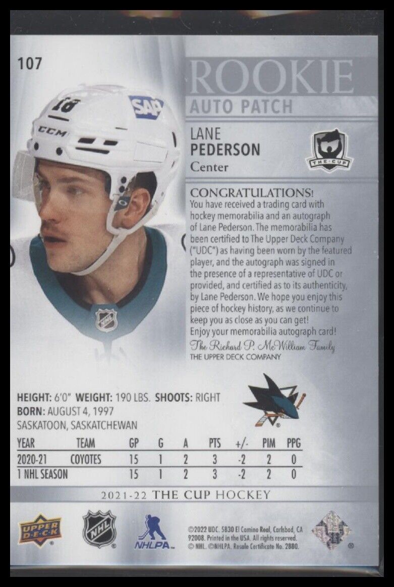 2021-22 Upper Deck The Cup #107 Lane Pederson #/249