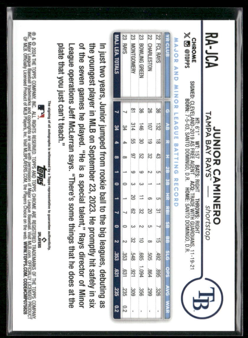 2024 Topps Chrome #RA-JCA Junior Caminero Rookie Autographs