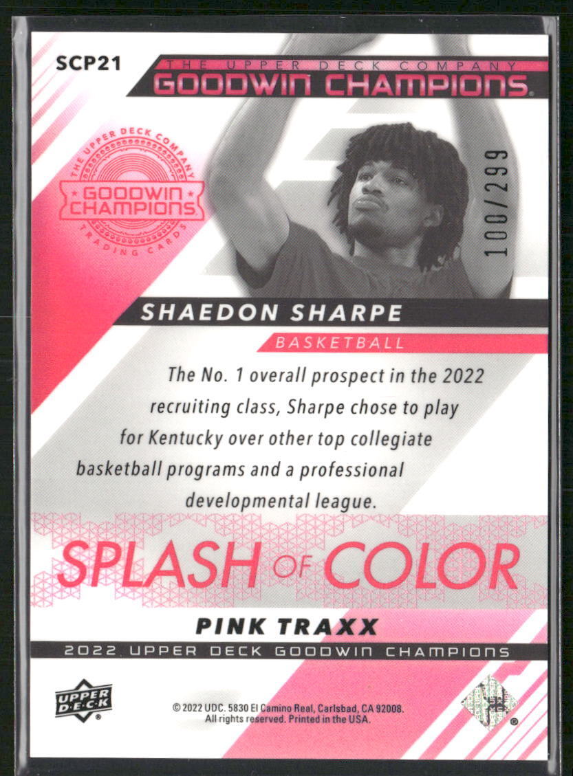 2022 Goodwin Champions Shaedon Sharpe Splash of Color Platinum Pink Traxx #/299