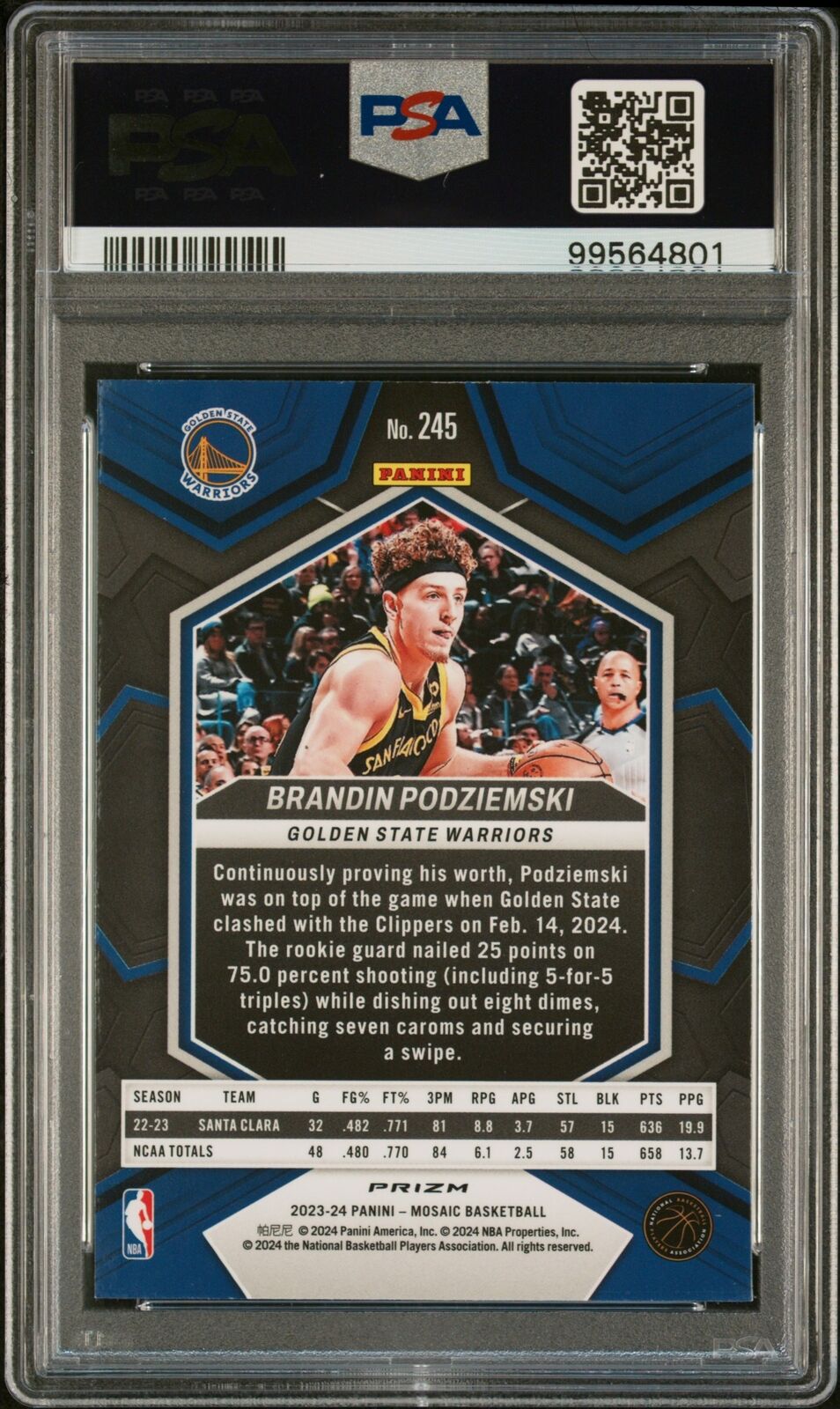2023 Panini Mosaic #245 Brandin Podziemski White Sparkle PSA 10