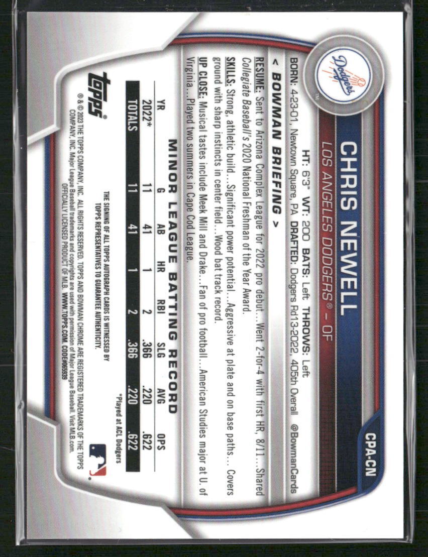 2023 Bowman Chrome Chris Newell Chrome Prospect Autographs Green Refractor #/99