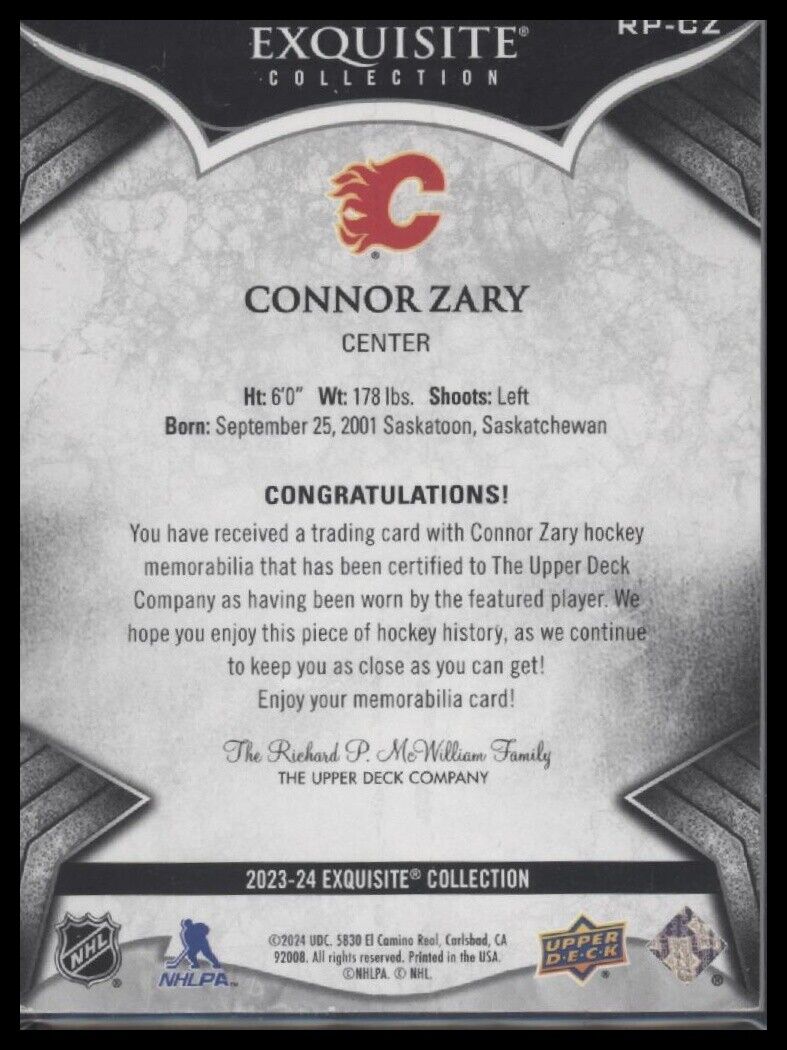 2023-24 Black Diamond #RP-CZ Connor Zary Exquisite Collection Rookies Patch #/99