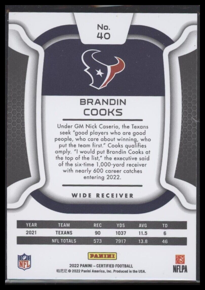 2022 Panini Certified #40 Brandin Cooks Mirror Green #/5