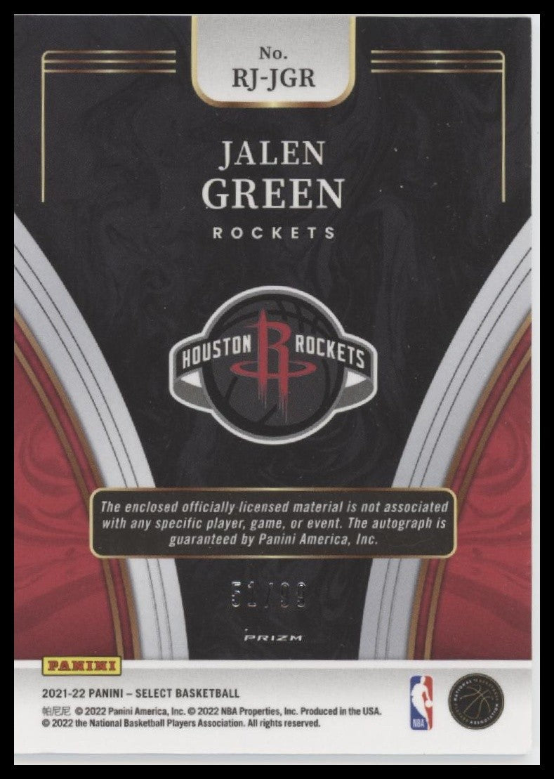 Jalen Green 2021-22 Panini Select #RJ-JGR Rookie Jersey Auto Purple Prizms #/99