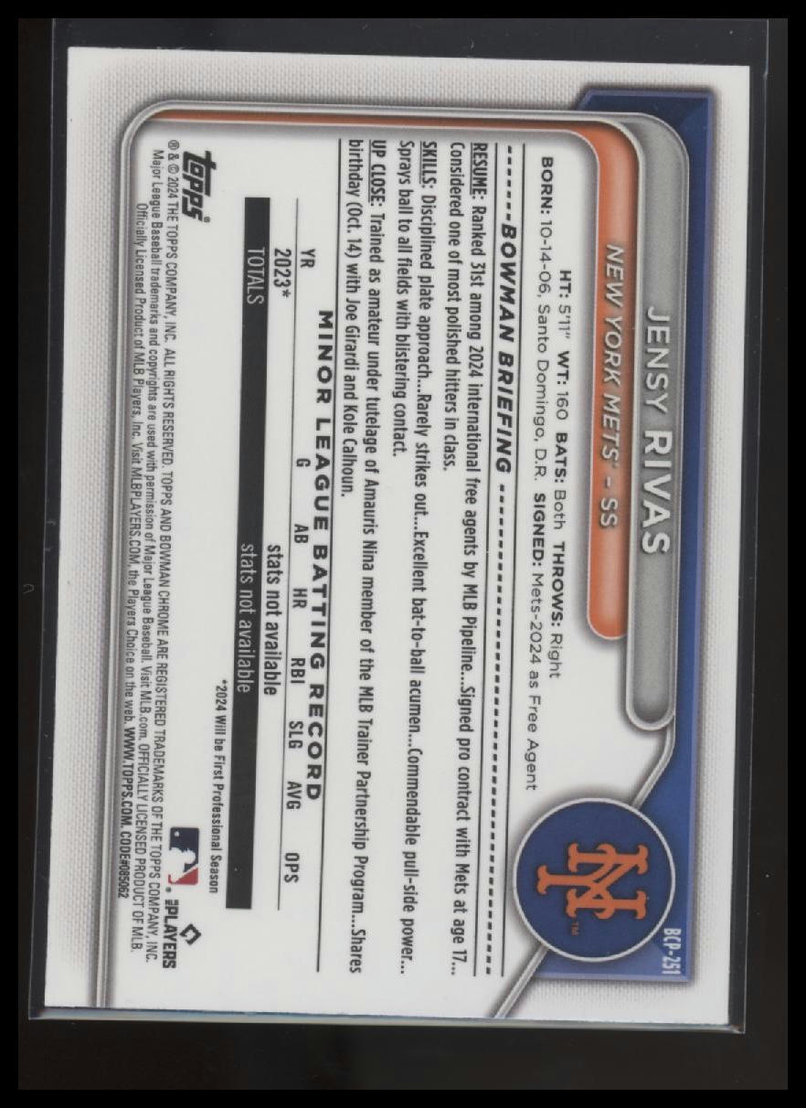 2024 Bowman Chrome Jensy Rivas Prospects Purple Shimmer Refractors #/250