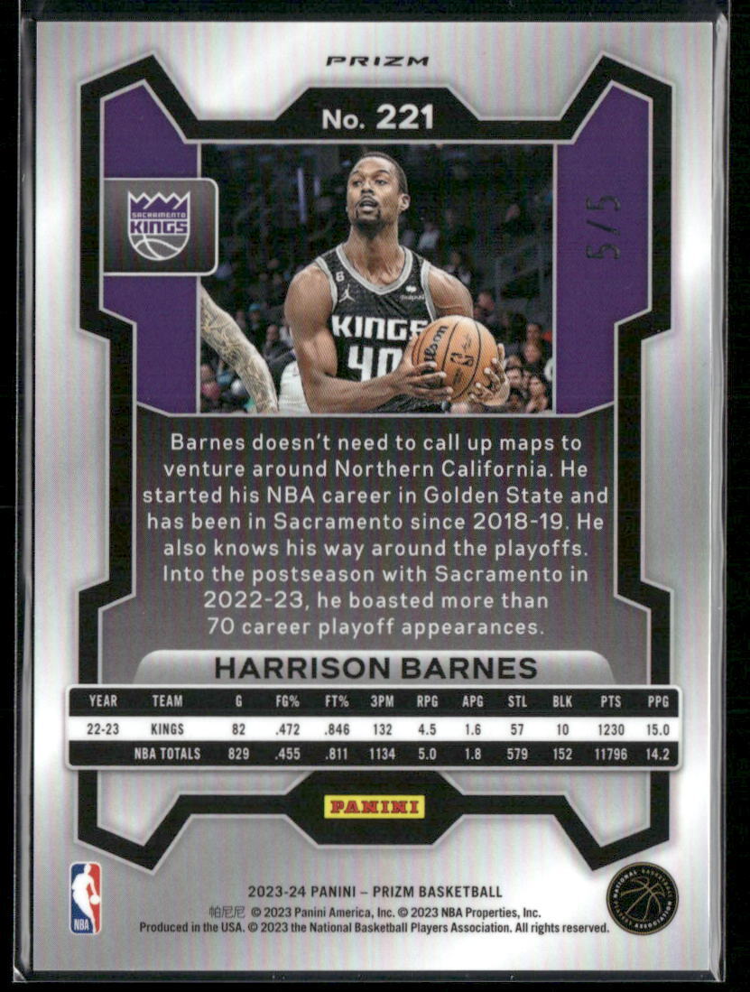 2023-24 Panini Prizm #221 Harrison Barnes Prizms Fast Break Neon Green #/5