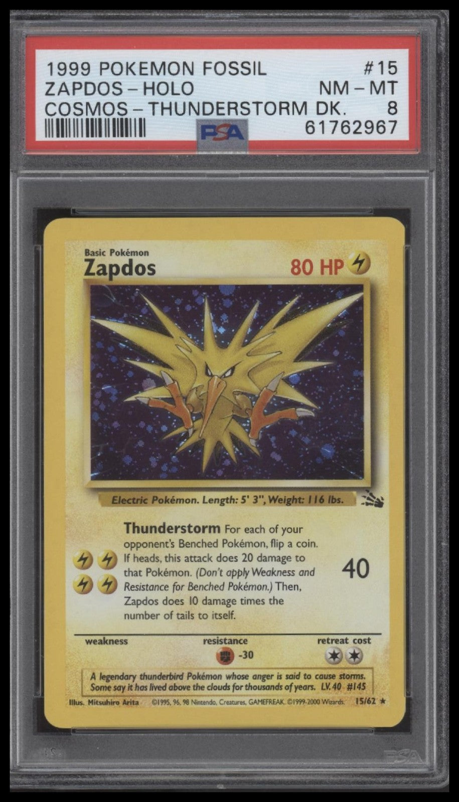 Zapdos-Holo 1999 Pokemon Fossil #15 Cosmos-Thunderstorm Dk. PSA 8