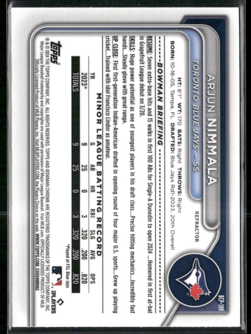 2024 Bowman Chrome #BCP-199 Arjun Nimmala Prospects Refractors #/499