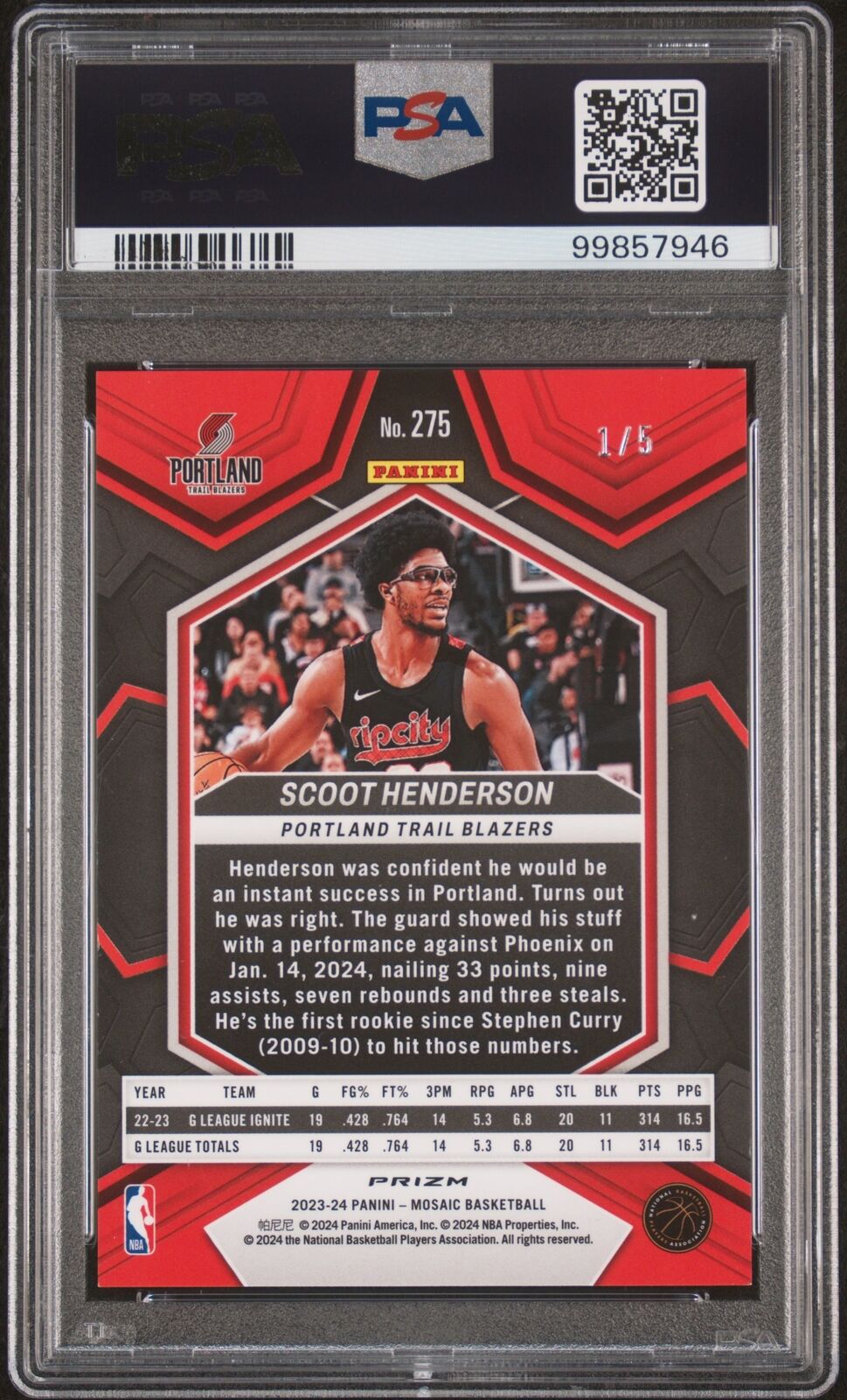 2023 Panini Mosaic #275 Scoot Henderson Gold Glitter PSA 9