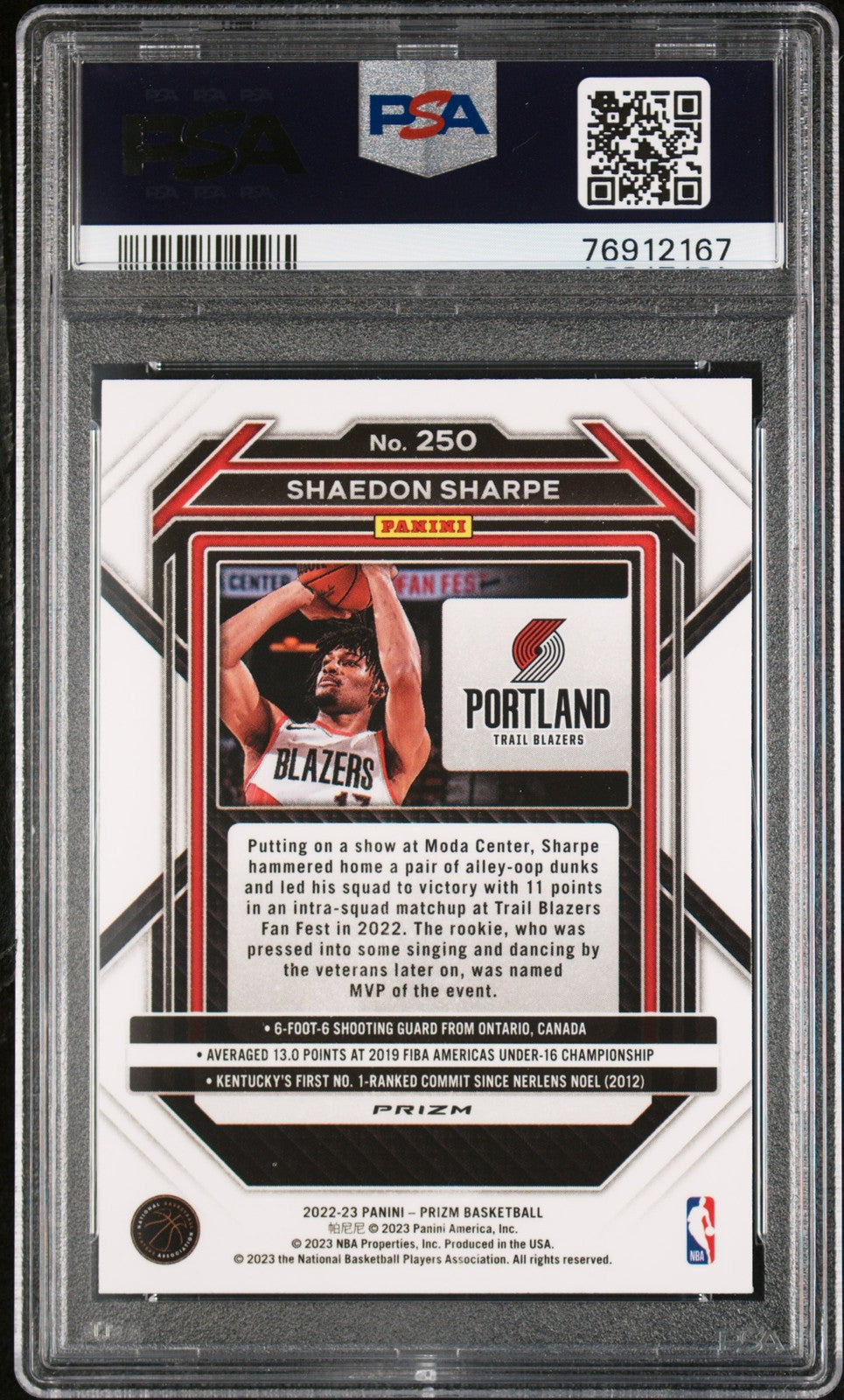 Shaedon Sharpe 2022 Panini Prizm #250 Silver Prizm PSA 9