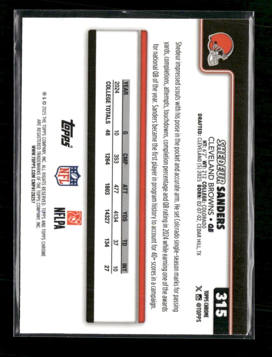 2025 Topps Chrome Aqua Refractor Shedeur Sanders Rookie #/199 #315