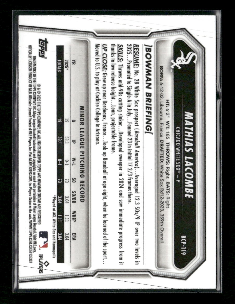 2026 Bowman Chrome Prospects Lazer Refractor Mathias Lacombe #BCP-119