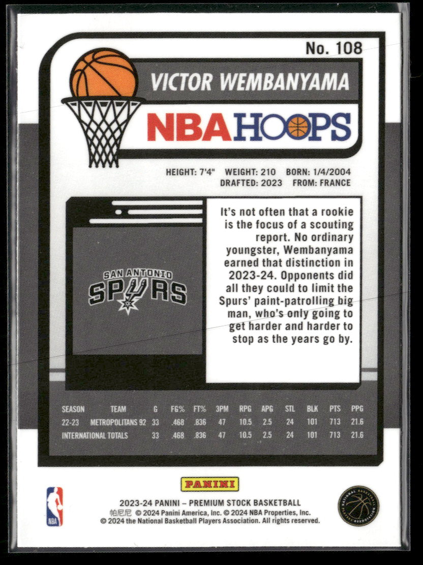 2023-24 Hoops Premium Stock Victor Wembanyama Rookie #108