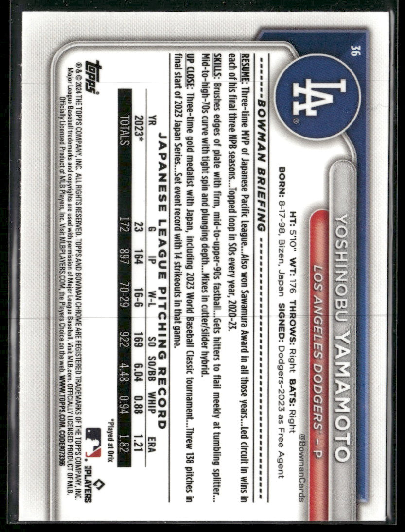 2024 Bowman Chrome Mojo Refractors Yoshinobu Yamamoto #36