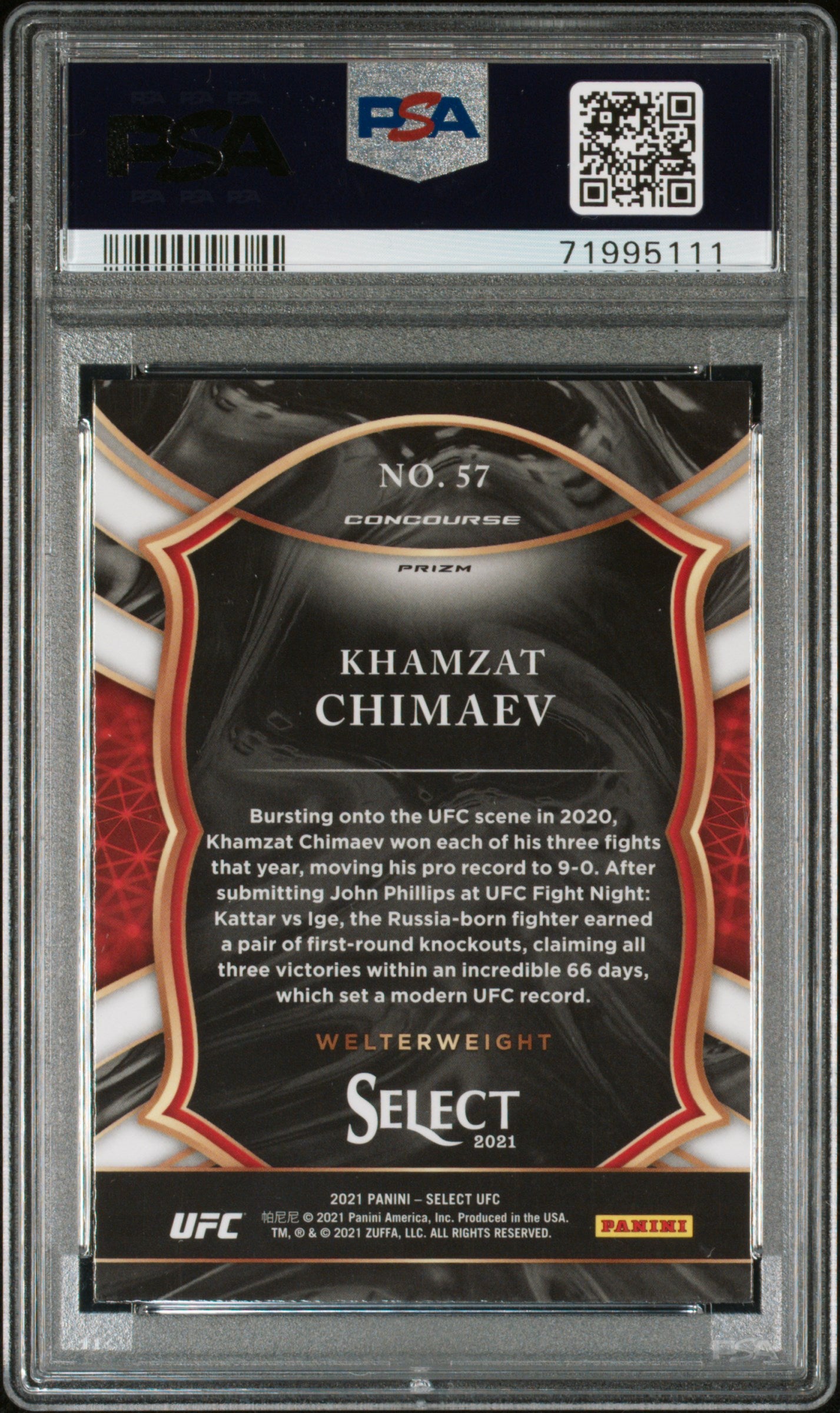 2021 Panini Select Ufc Silver Prizm Khamzat Chimaev 10 PSA #57