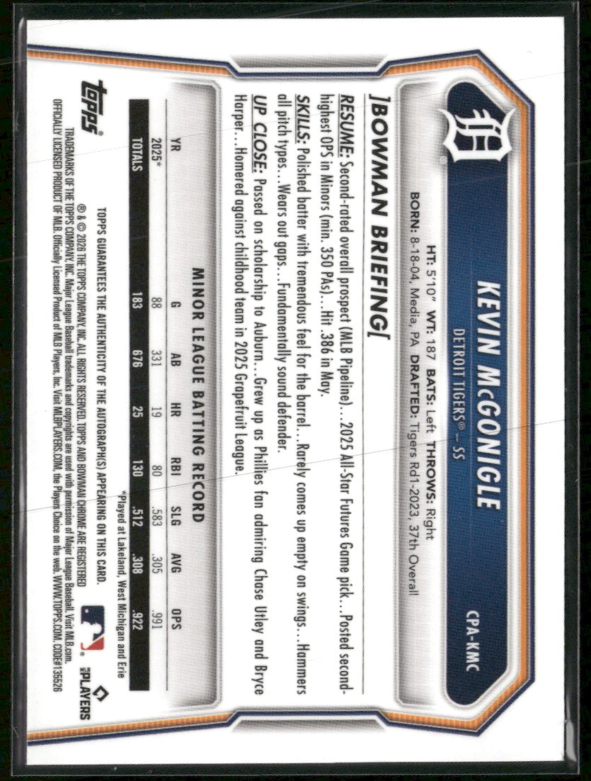 2026 Bowman Chrome Prospect Autographs Kevin McGonigle Auto #CPA-KMC