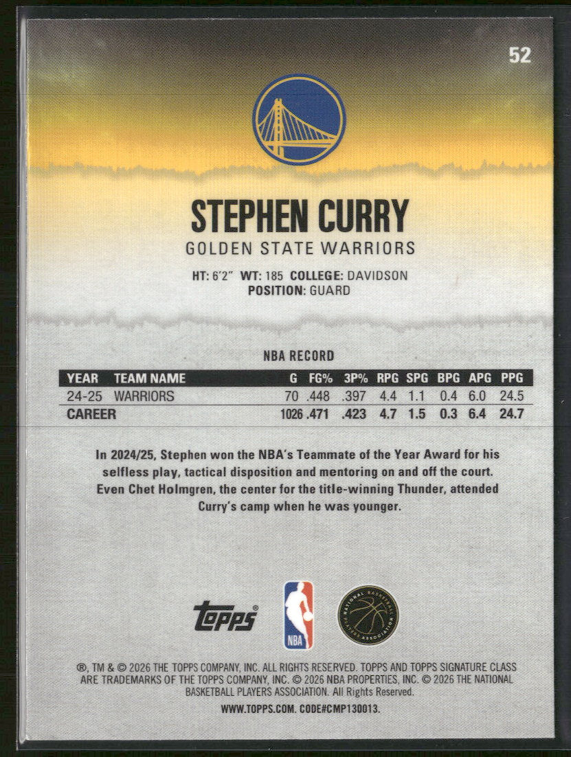 2025-26 Topps Signature Class Chrome Pandora Refractors Stephen Curry #52