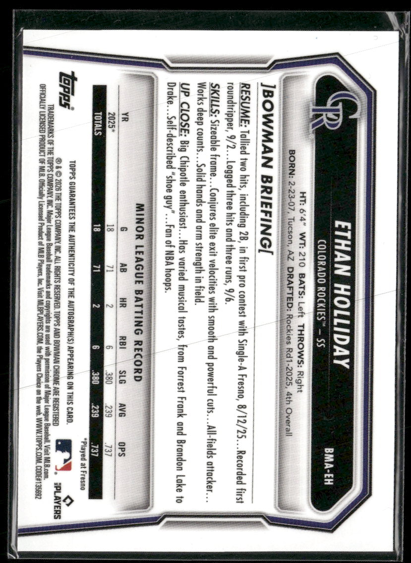 2026 Bowman Chrome Auto Mojo Blue Refractors Ethan Holliday #/150 #BMA-EH