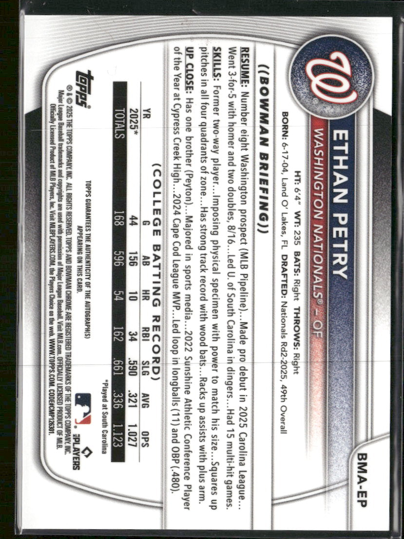 2025 Bowman C Prospect Auto Purple Mojo Refractor Ethan Petry #BMA-EP