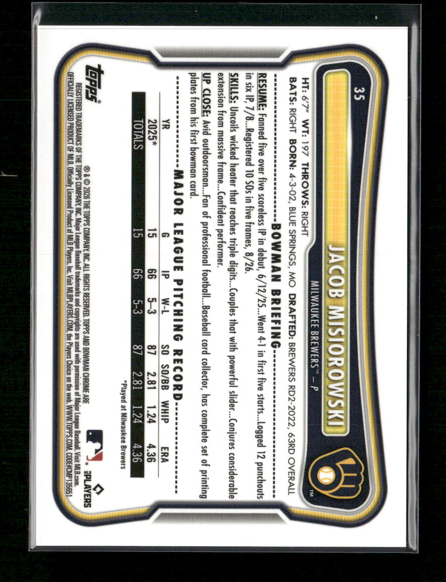 2026 Bowman Chrome Mojo Black & White Refractors Jacob Misiorowski RC #/15 #35