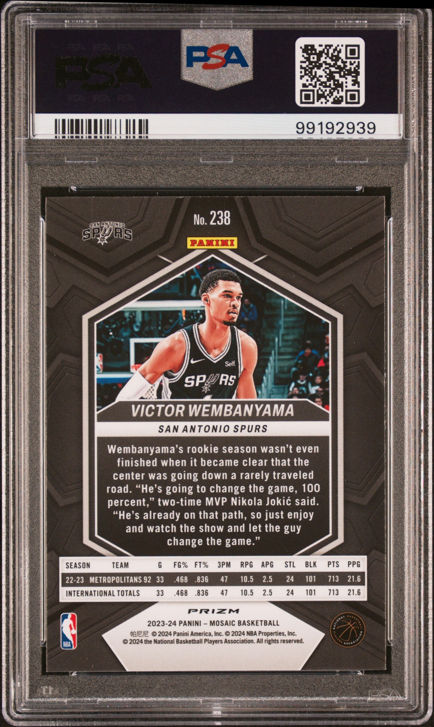 2023 Panini Mosaic Silver Fast Break Victor Wembanyama 9 PSA #238