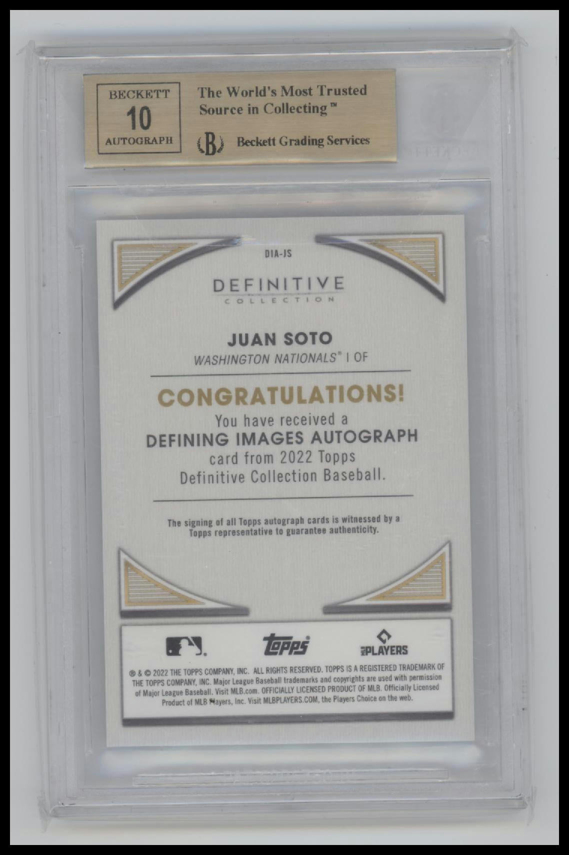 2022 Topps Definitive Defining Images Autographs Juan Soto 9.5 BGS #DIAJS